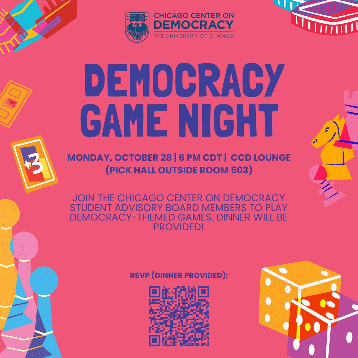 Come play some fun democracy-related games and eat delicious food catered by Cedars! 

Our Democracy Game Night is open to all undergraduate and graduate students! RSVP link in bio!🧩🎯

RSVP: events.uchicago.edu/event/241213-d…