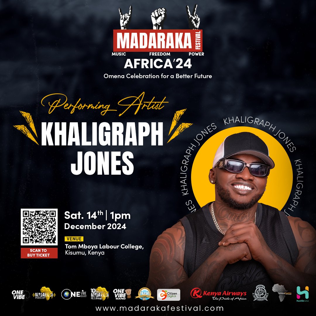 Khaligraph Jones is performing at the Madaraka Festival 2024! 

The OG is back! @khaligraph_jones, Kenya’s rap legend, will be taking over the stage at Madaraka Festival, and you know it's going to be LIT!  

 Madaraka Festival Tickets 🎟️ madarakafestival.com/tickets/?utm_c…
