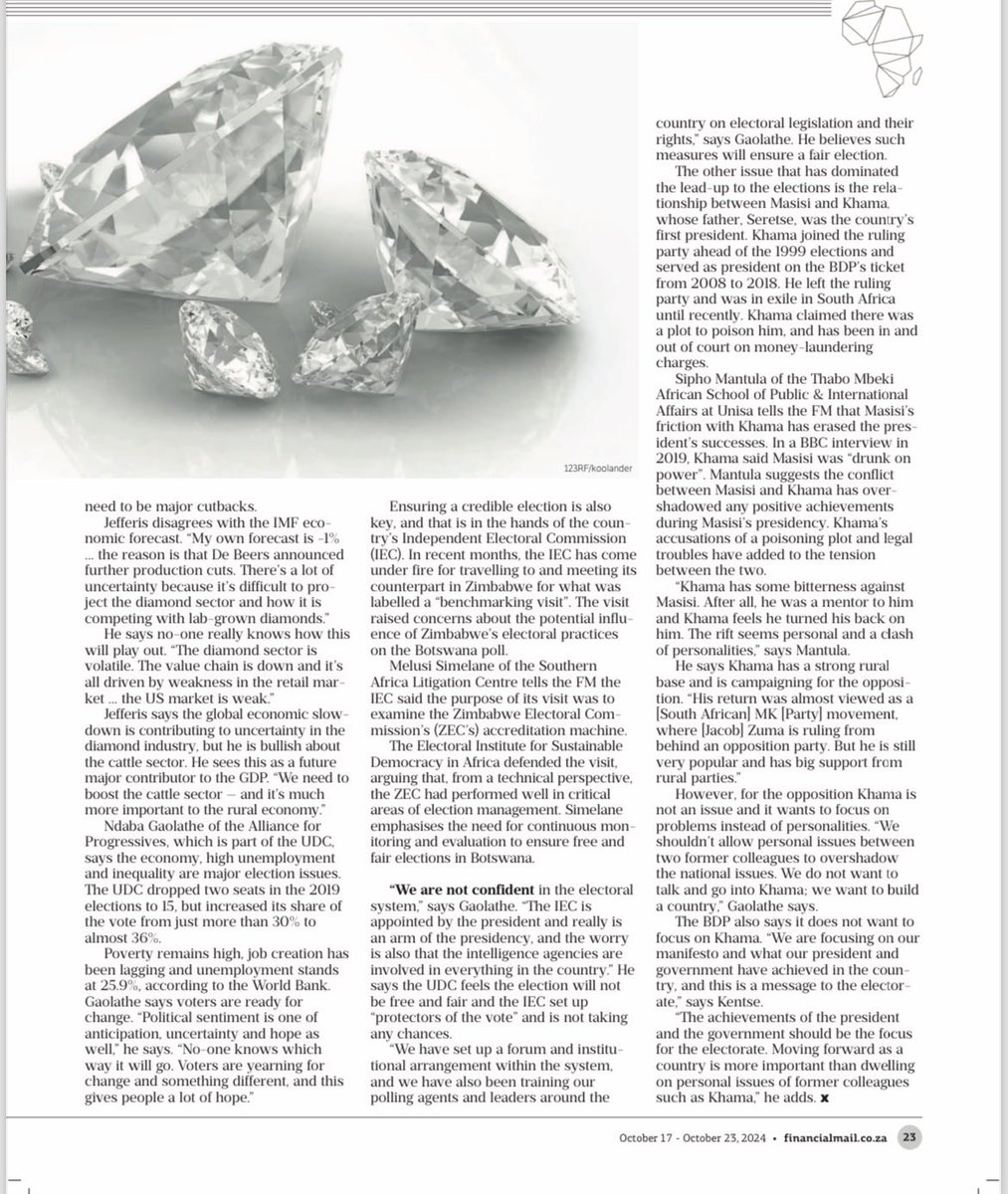 . <a href="/CrystalOrderson/">Crystal Orderson</a> writes about the threats to #Botswana’s economy as the elections draw near.  SALC’s <a href="/MelusiSiboniso/">Melusi Simelane</a> cautions that the country’s IEC should emphasise open, free and fair elections. <a href="/FinancialMail/">FinancialMail</a> #CivicRights #Africa 

[READ] 
businesslive.co.za/fm/features/20…