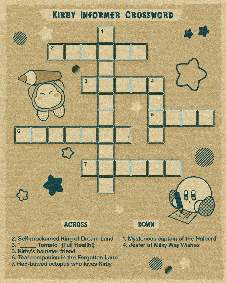 Welcome to our new Kirby Informer Crossword series, created by <a href="/benmrhall/">Ben M R Hall</a>! Kick back and (try to) relax as you attempt to solve 7 words related to the Kirby franchise. Our first puzzle is relatively easy, but it’s only going to get harder from here. 👀