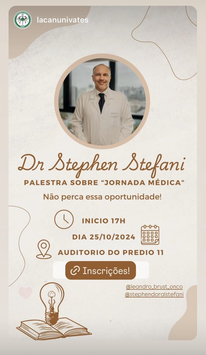 StephenStefani's tweet photo. Amanhã (25/10/24) às 17h para os alunos da Liga de Cancerologia ! https://t.co/SOGB4OdrqH