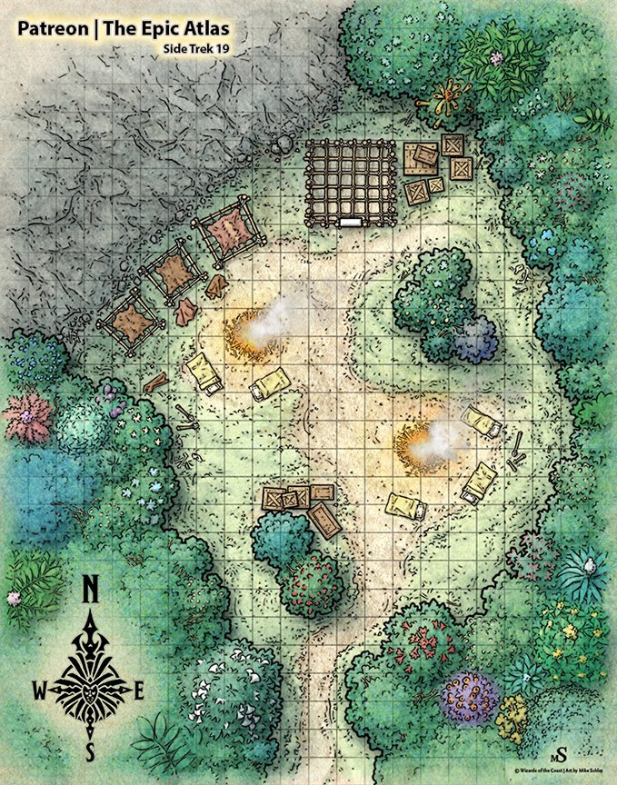 schley's tweet image. A poacher’s camp #RPGmap that’s ready and waiting to be raided is the setting for this week’s Side Trek from #TheEpicAtlas. Pulled from my recent work on #Planescape, it’s a great opportunity to support the atlas and enrich your next game night. #DungeonsandDragons
