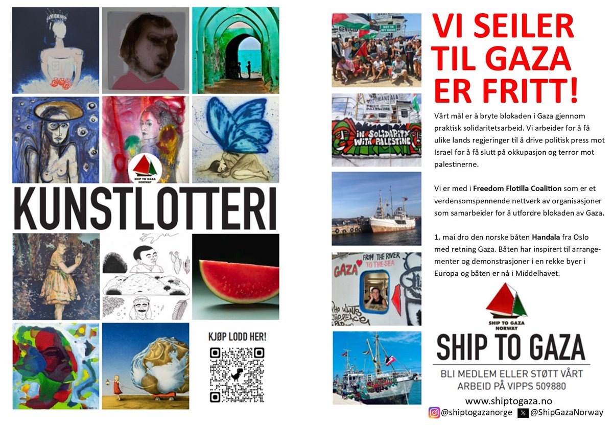 Den perfekte julegaven! Kjøp lodd i Kunstlotteriet til Ship to Gaza, og oppfordre andre til å gjøre det samme». Trekning 15. januar. Lenke til lotteriet finner du her: shiptogaza.no/kunstlotteriet…