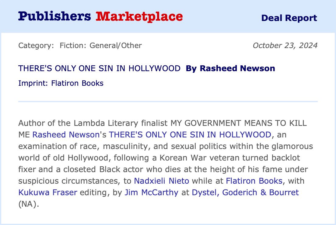 My second novel is in the works <a href="/Flatironbooks/">Flatiron Books</a>! And this time we’re going to Hollywood during its Golden Age.

I’m so excited to share this new book with all of you. It’s a glamorous, twisty, deep dive into a slice of Black and 🏳️‍🌈 history. You’re gonna love it!