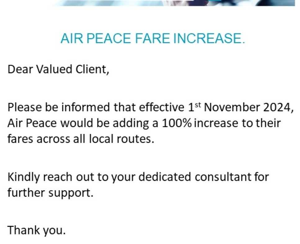 ooyeboade's tweet photo. Air Peace is increasing fares by 100% for local flights. Ol boy! https://t.co/jmhIWfcO56