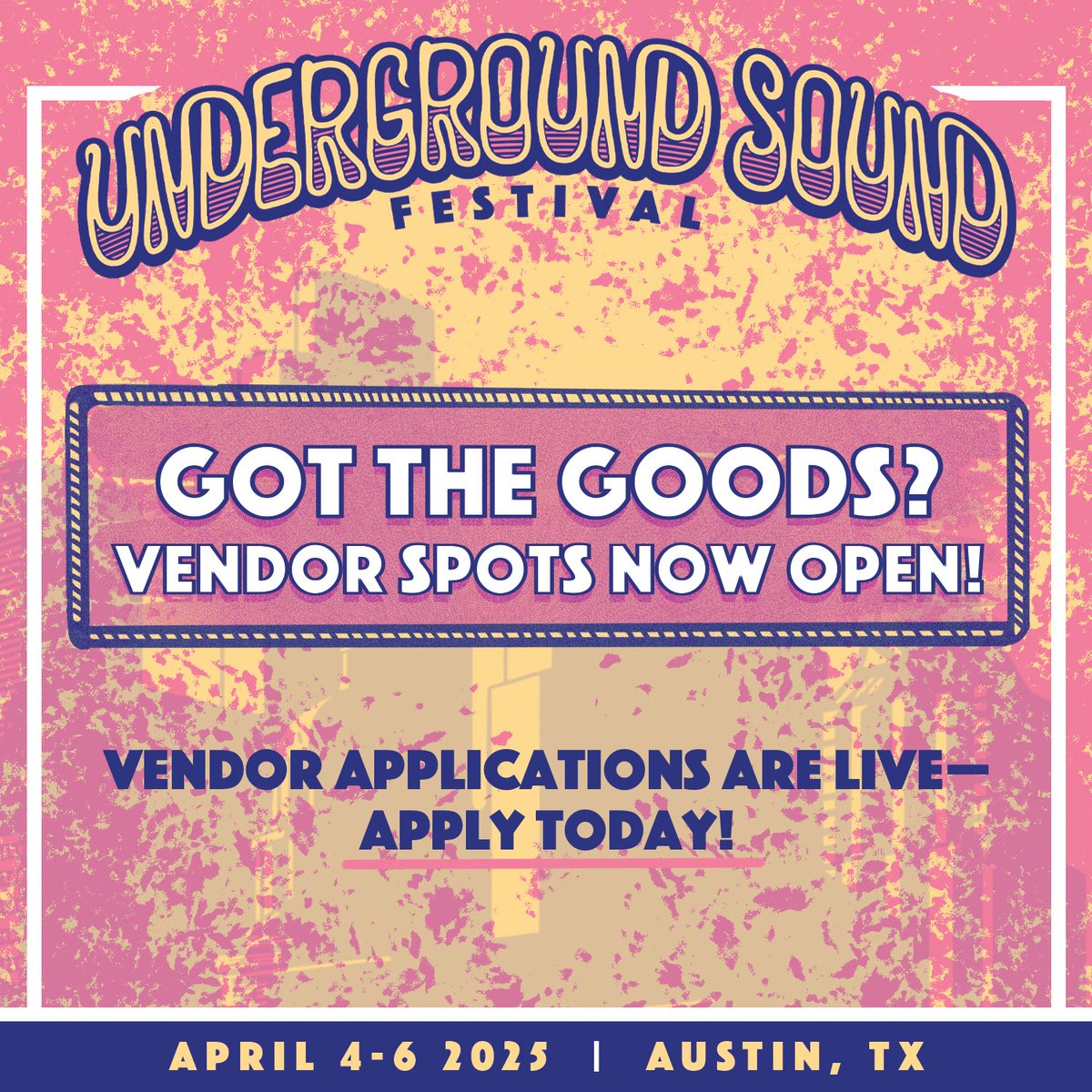 USFESTIVALATX's tweet photo. Got goods, food, or experiences that the underground crowd will love? 

Share your craft and connect with a community of music lovers, explorers, and creators 🎨🎧🔊

Apply on our website as a vendor under the “Work With Us” tab at the top of the page! 
#usf2025 #festival #Austin https://t.co/TPdIx3Y2lh