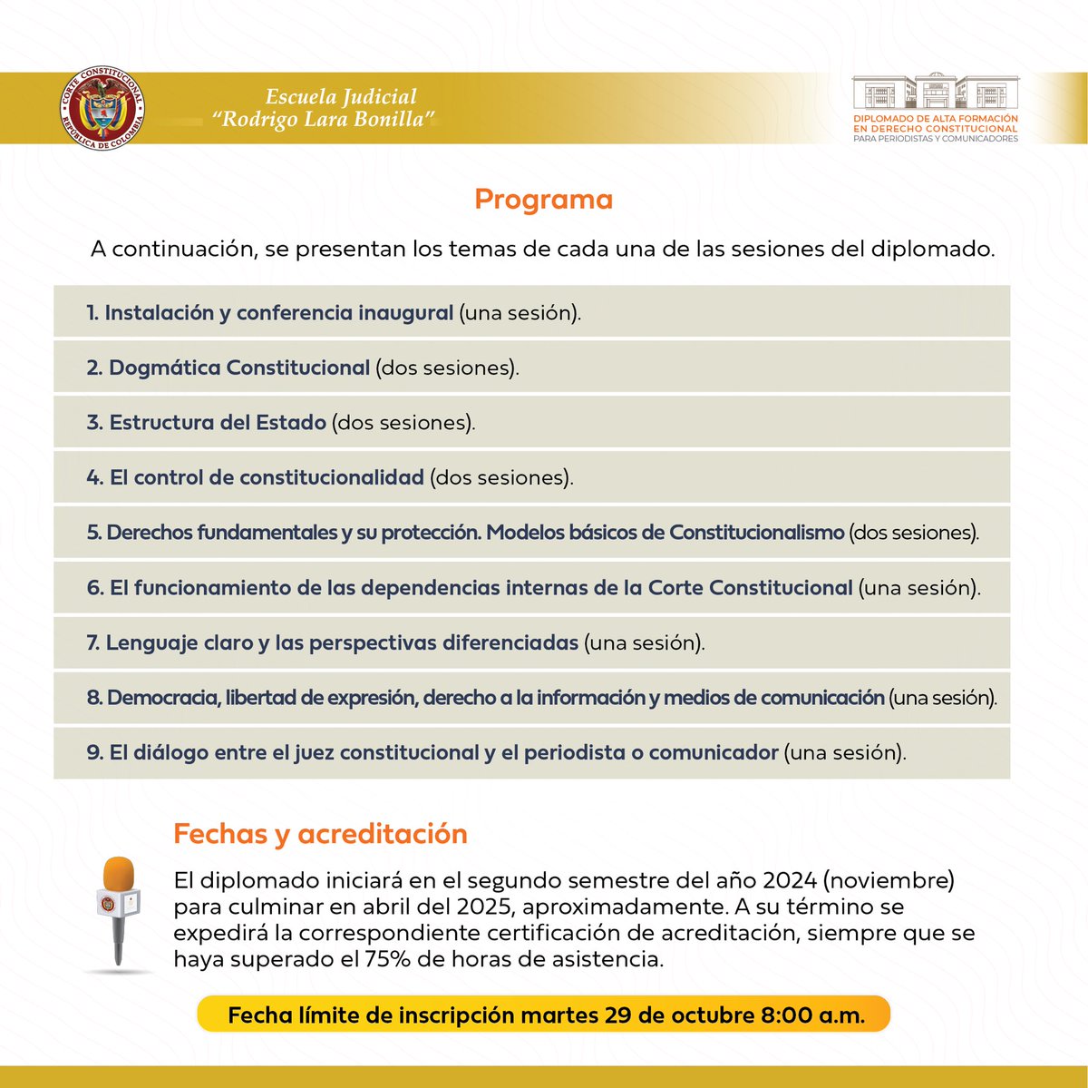 #LaCorteInforma | La Corte Constitucional lanza el diplomado de alta formación en derecho constitucional para periodistas y comunicadores.
Inscripciones aquí: lc.cx/u5s9oG

Boletín: 
▶️ corteconstitucional.gov.co/noticia.php?La…

Programa: 
▶️ corteconstitucional.gov.co/transparencia/…