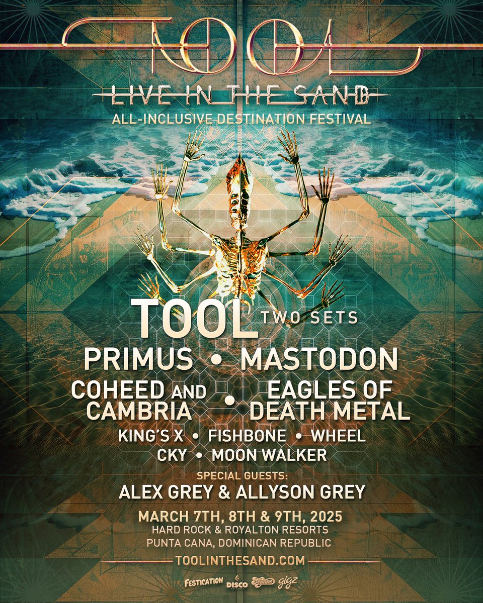 Festication's tweet photo. The very first Tool Live In The Sand hits the beaches of Punta Cana on March 7th, 8th & 9th, 2025 at 5-star all-inclusive resorts, Hard Rock & Royalton ☠️

Packages include a luxury resort room, unlimited food & drinks for each guest & 3-days of music featuring 2 nights of @Tool + sets from @primus, @mastodonmusic & MORE 🌴 

Sign up to learn more & receive an alert when packages are available: https://t.co/X0tSDl1PhZ Packages will go on-sale Wednesday, October 30th at 10am PST ⏳

Get ready for the ultimate Tool fan experience! Each room sleeps 2-4 guests. Payment plans will be available with deposits as low as 10% 🌊

🎸Existing TOOL Army members will receive 24hrs of exclusive presale access starting Tuesday, October 29th at 10am PST. Unique presale codes will be sent via email & will be viewable in TOOL Army accounts.