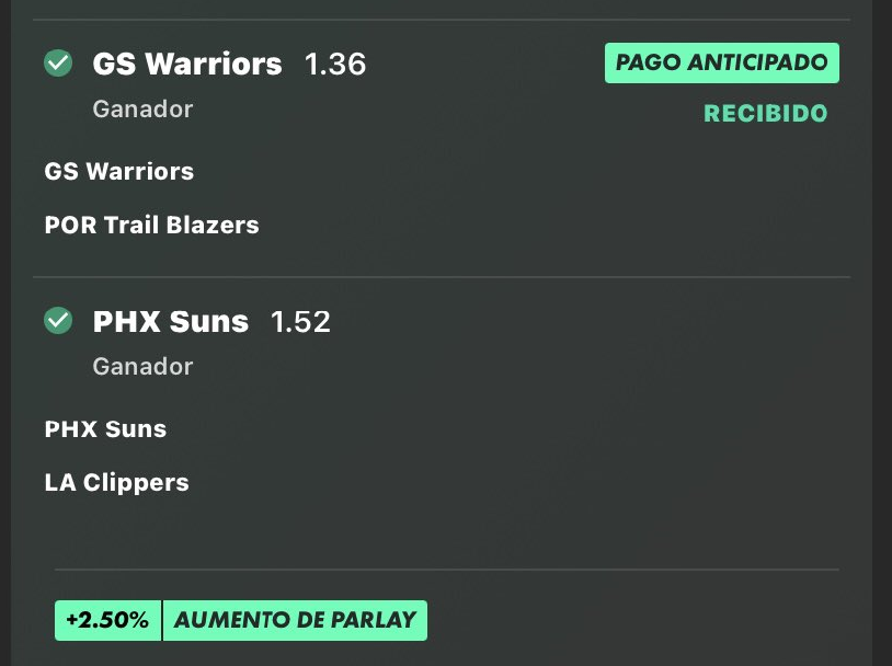 ApuestasInge's tweet photo. Otro ganada mas de NBA

Parlay 

Warrios + Suns ✅

Les comente la primera semana regularmente es la mas fácil.

Vamos a seguirle

#NBA #Apuesta https://t.co/4IGYyImWvL