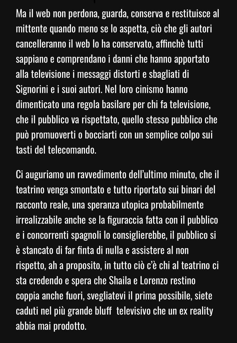 il web non perdona, guarda, conserva e restituisce al mittente ciò che gli autori cancelleranno il web lo ha conservato
Affinché tutti sappiano e comprendano i danni che hanno portato i messaggi distorti e sbagliati di Signorini e i suoi autori
#grandefratello #shaviers