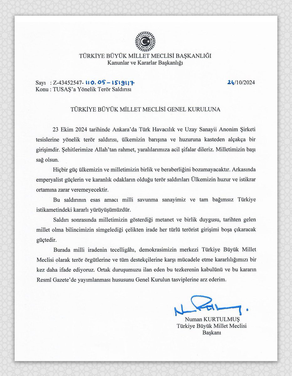 ozangulacti's tweet photo. TBMM’de, TUSAŞ’a yönelik hain terör saldırısına karşı sunulan tezkere oy birliğiyle kabul edilmiştir. 

Terörle mücadelemiz aynı kararlılıkla devam edecektir. 

Şehitlerimize Allah’tan rahmet, ailelerine ve milletimize başsağlığı diliyorum. https://t.co/qysXfNUwwX