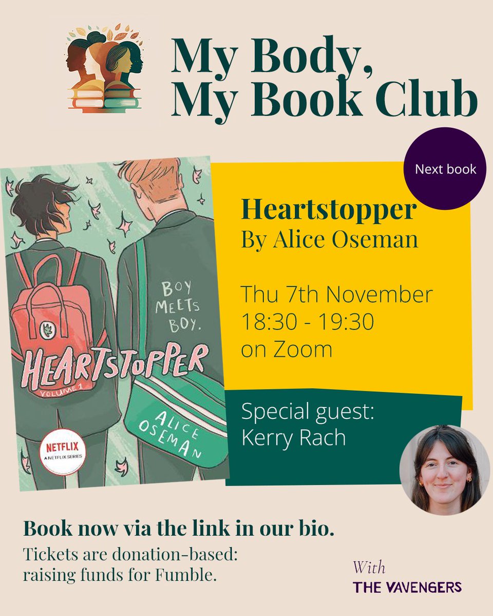 My Body, My Book Club (@bodybookclub) on Twitter photo We're so excited to be talking about Alice Oseman's wonderful #Heartstopper in a few weeks! Join us and <a href="/kerry_rach/">Kerry Rach</a> for a lovely evening and let's support Fumble's incredible work with young people.
Book your ticket on mybodymybookclub.com and hope to see you there! ♥️ 📚 🌈 We're so excited to be talking about Alice Oseman's wonderful #Heartstopper in a few weeks! Join us and <a href="/kerry_rach/">Kerry Rach</a> for a lovely evening and let's support Fumble's incredible work with young people.
Book your ticket on mybodymybookclub.com and hope to see you there! ♥️ 📚 🌈