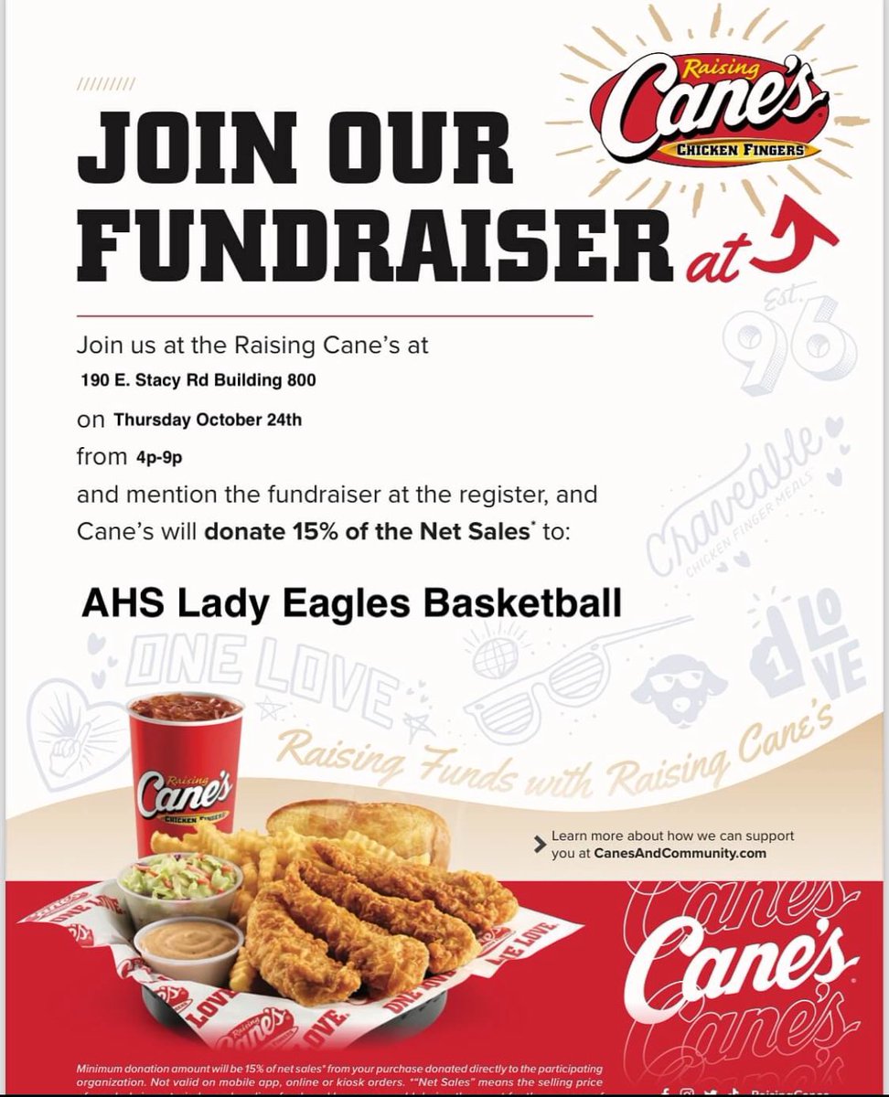 Come out and support us❗️
📅 October 24th
⏰ 4 pm - 9 pm
📍Raising Cane’s on Stacey 
Mention Allen Girls 🏀 at the register❗️