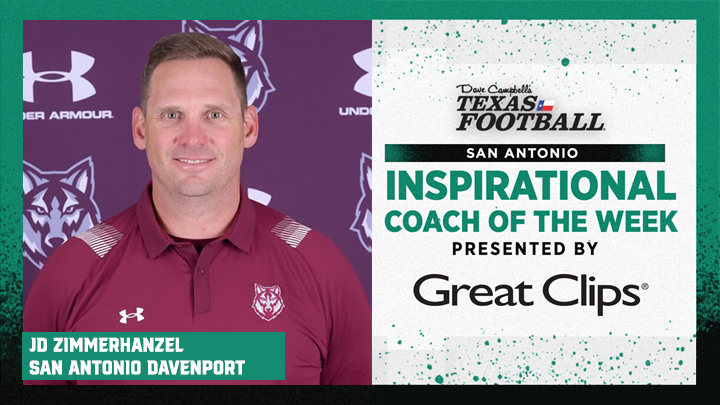 dctf's tweet image. Congratulations to San Antonio Davenport High School's JD Zimmerhanzel for being named the San Antonio Inspirational Coach of the Week presented by @GreatClips!
@DHSWolvesFB
#dctf #txhsfb