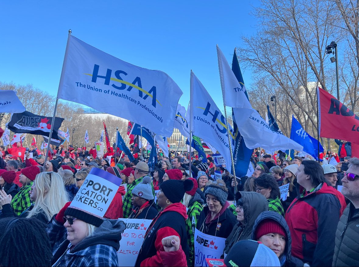 HSAAlberta's tweet photo. Health-care professionals have taken on far too much because of the actions of this government and are now met with wage freezes in bargaining! So today, HSAA members are rallying for respect! https://t.co/zcQvVHW6Ei