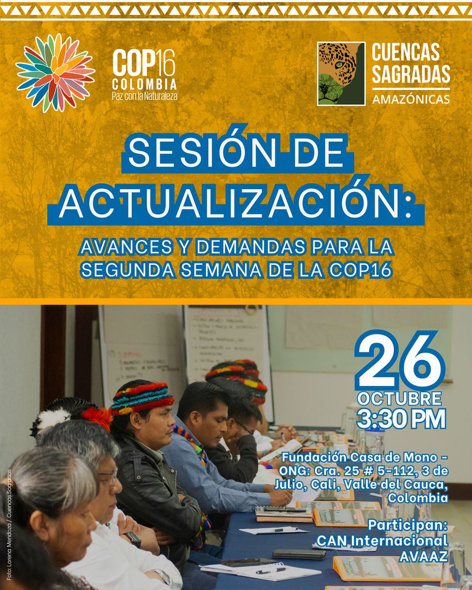 Avaaz en Español (@esavaaz) on Twitter photo 🌍✨ ¡Participa en la Sesión de Actualización: Avances y Demandas para la segunda semana de la COP16! 🌿📢
De cara a la segunda semana de la #COP16 sobre Biodiversidad, la Alianza Cuenca Sagradas (<a href="/CuencasSagradas/">Cuencas Sagradas</a>) junto a sus aliados AVAAZ y Climate Action Network-International 🌍✨ ¡Participa en la Sesión de Actualización: Avances y Demandas para la segunda semana de la COP16! 🌿📢
De cara a la segunda semana de la #COP16 sobre Biodiversidad, la Alianza Cuenca Sagradas (<a href="/CuencasSagradas/">Cuencas Sagradas</a>) junto a sus aliados AVAAZ y Climate Action Network-International