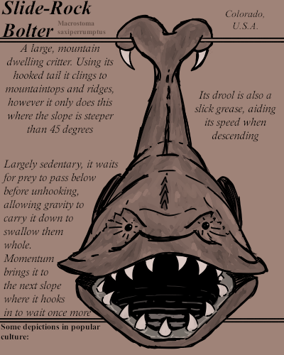 BriefBestiary's tweet photo. A descending predator, accelerated by the lubricant-like drool seeping from the corners of its mouth. It will flatten and uproot trees on its way down to swallow its prey whole, from deer to lumberjack, to entire groups of tourists. https://t.co/AA88b3ttzN