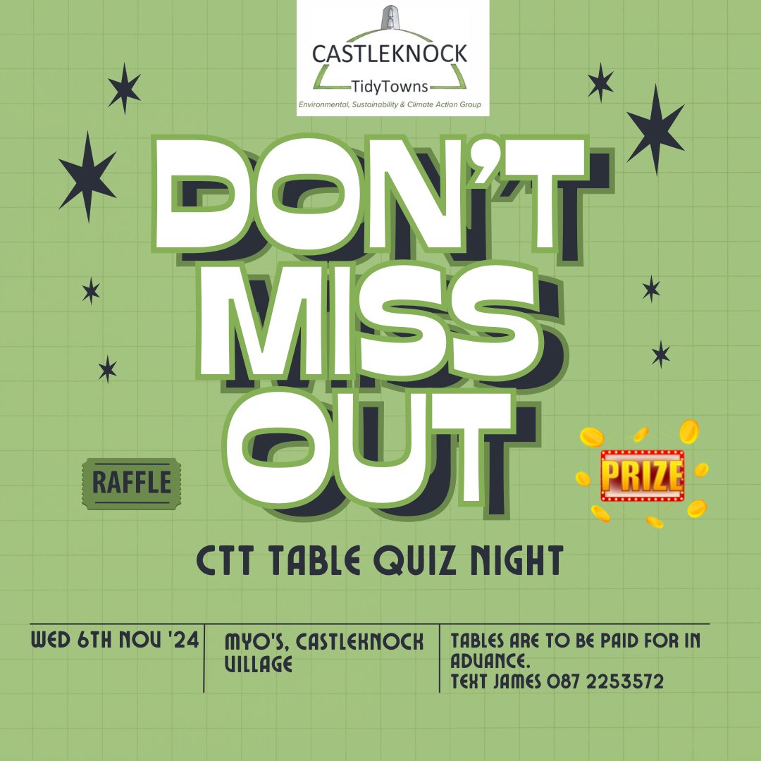 Castleknock TidyTowns Annual Table Quiz Night. Always a brilliant night out! Cash prizes for the winners. Hope to see you there. <a href="/CastleknockGAA/">Castleknock GAA</a> <a href="/CLTCOffice/">Castleknock Lawn Tennis Club</a>