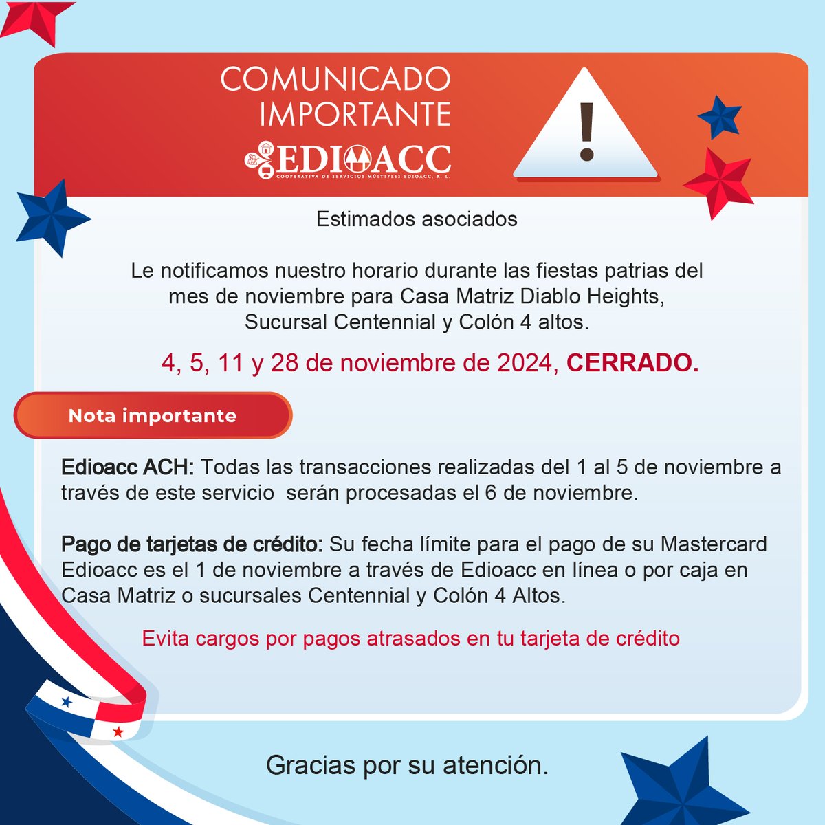 EDIOACC's tweet photo. COMUNICADO IMPORTANTE - FIESTAS PATRIAS NOVIEMBRE https://t.co/Q69sUZfJqh