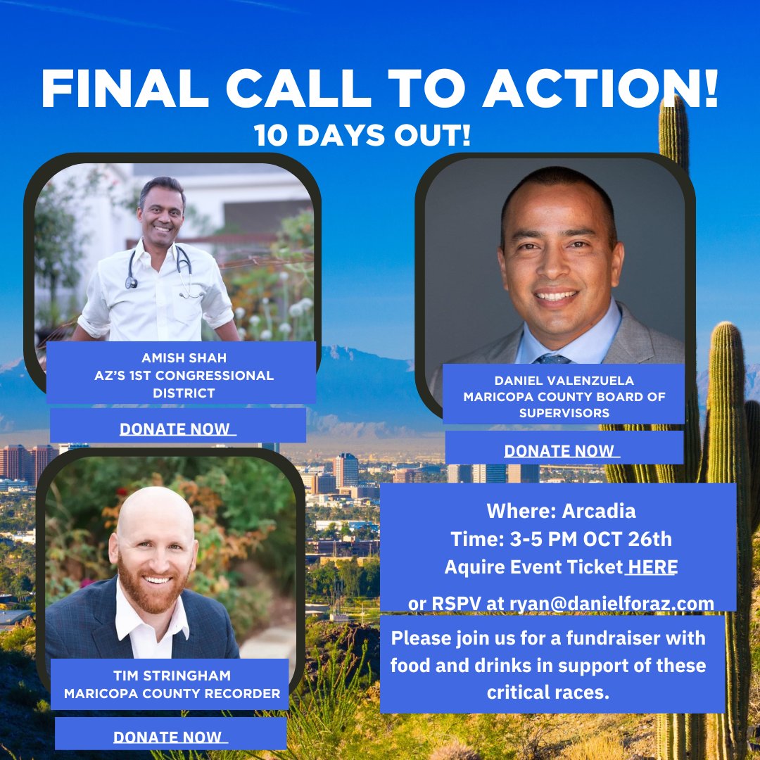 Join me this Saturday at 3pm to support <a href="/DrAmishShah/">Amish Shah, MD</a>, <a href="/DanielV_AZ/">Daniel Valenzuela</a>, and @TimStringhamAZ! Three important races that need our attention to win. Let’s make a difference together! 💪🗳️ #VoteAZ #AZElections #GetOutTheVote #Vote2024

Sign up Here: secure.actblue.com/donate/forabet…