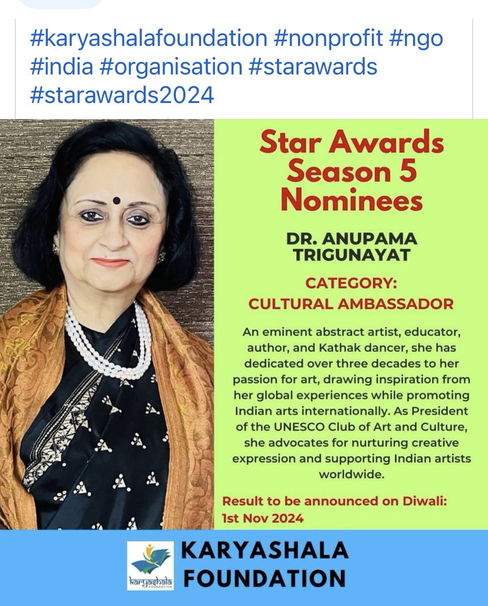 anutrigunayat's tweet photo. Honored to be nominated as 
Cultural Ambassador 
by Karyashala Foundation for star awards 2024🙏 https://t.co/mMKTDWRvJe