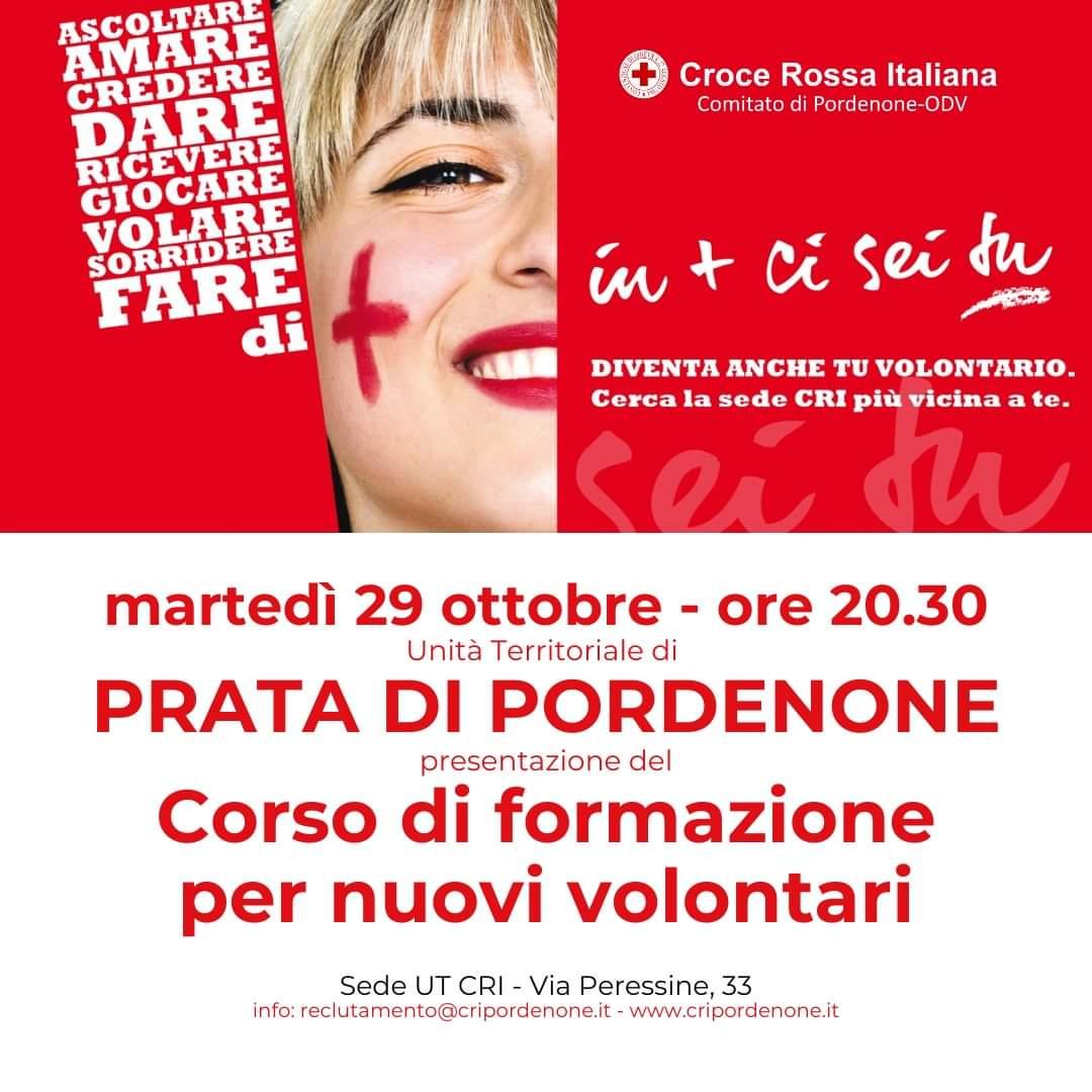 🎯 A PRATA DI PORDENONE PRESENTAZIONE 
♥️  CORSO DI FORMAZIONE PER NUOVI VOLONTARI 
martedì 29 ottobre, ore 20.30
Sede CRI Via Peressine, 33
info: reclutamento@cripordenone.it

🎯 Ti aspettiamo per illustrarti la formazione di base per iniziare il tuo percorso di volontariato