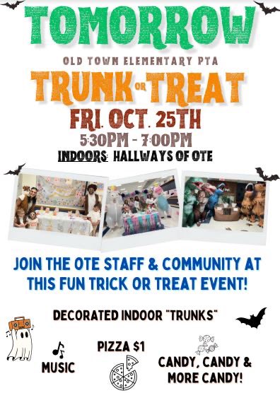 We can't wait to see you tomorrow evening at OTE's Trunk or Treat from 5:30-7pm! Come in your school-appropriate costume and bring a bag for your treat collection! Pizza will be available for $1 purchase on the black top by the playground.