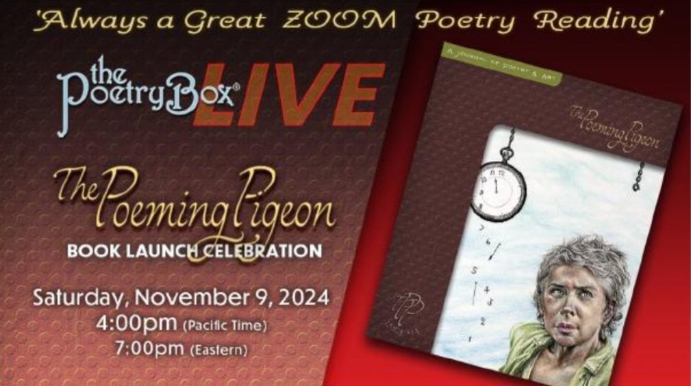 daylejean's tweet photo. The 14th edition of The Poeming Pigeon will debut with a reading by 20 contributing poets, including me. I would love to see you there, Nov. 9th! @writer_guild @wilwrite #poetry #amwriting #writingcommunity Register at https://t.co/WEpqS48lsE https://t.co/p0otI7drGl