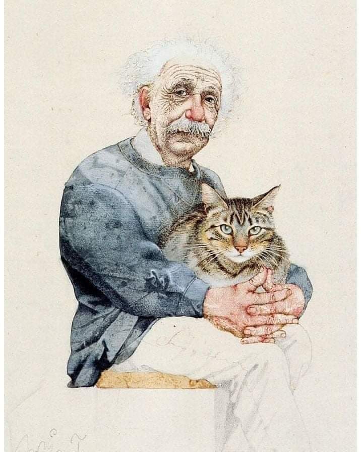 Dama1974's tweet photo. "Si un hombre aspira a una vida virtuosa, su primer acto será abstenerse de herir a los animales".

(Ilustración de Albert Einstein con su gato "Tigre", de Michael Mathias Prechtl) https://t.co/aZJHexYGCP