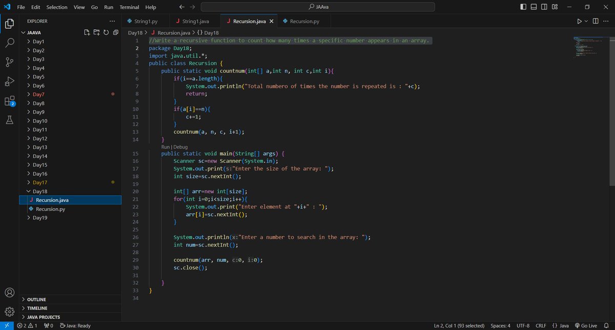 Aakarsh1388598's tweet photo. Day 18
A recursive function to count how many times a specific number appears in an array. https://t.co/PtzYS81i9R