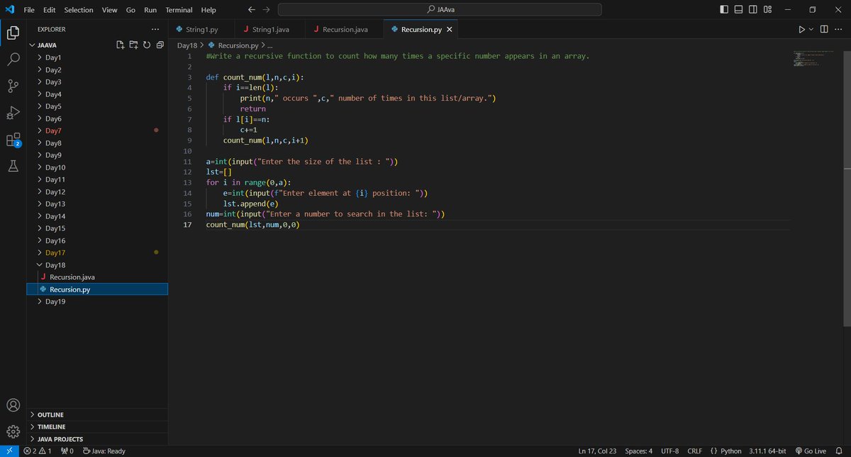 Aakarsh1388598's tweet photo. Day 18
A recursive function to count how many times a specific number appears in an array. https://t.co/PtzYS81i9R