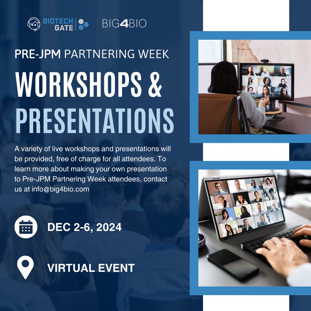 Get ready for an exciting lineup of live workshops and presentations at our Pre-JPM Partnering Week #JPM2025 hosted with <a href="/Biotechgate/">Biotechgate</a>! 

During these workshops, you can expect: 
- JPM-prep panels with industry experts 
- A deep dive into 2024 + predictions for 2025 from top life