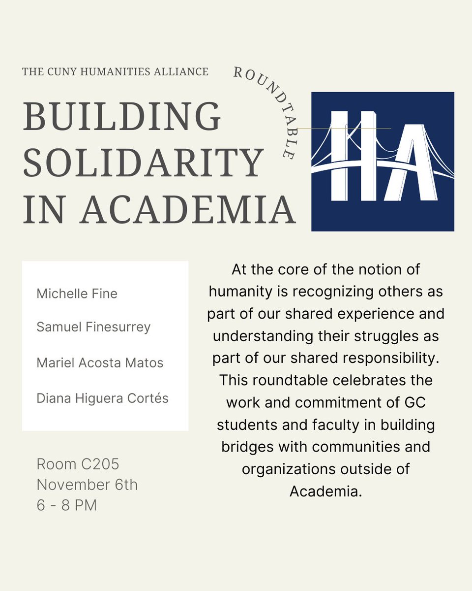 CUNYhums's tweet photo. Please join us for a panel discussion on Building Solidarity in Academia: Tales of Humanity and Action, organized by The CUNY Humanities Alliance. https://t.co/P2rwq2airh