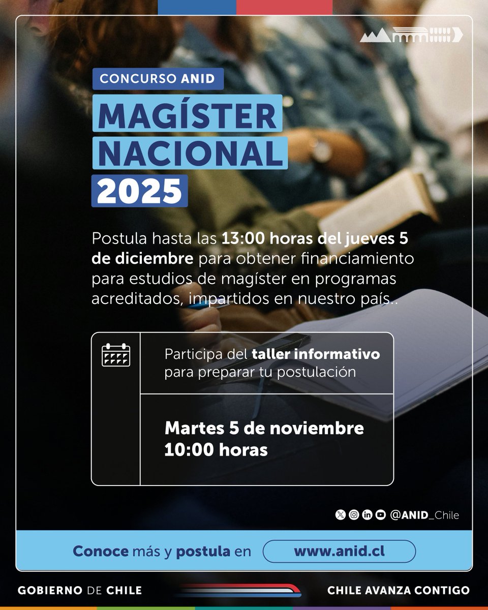 Ya están disponibles las postulaciones a la beca de #MagísterNacional de ANID, para apoyar estudios de postgrado durante el año académico 2025, en programas acreditados e impartidos por universidades chilenas.

🔗Más información en: anid.cl/concursos/beca…