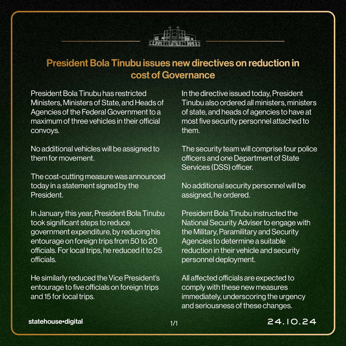 President Bola Ahmed Tinubu issues new directives on reduction in cost of Governance o Ministers and Head of Federal Parastatals and agencies.