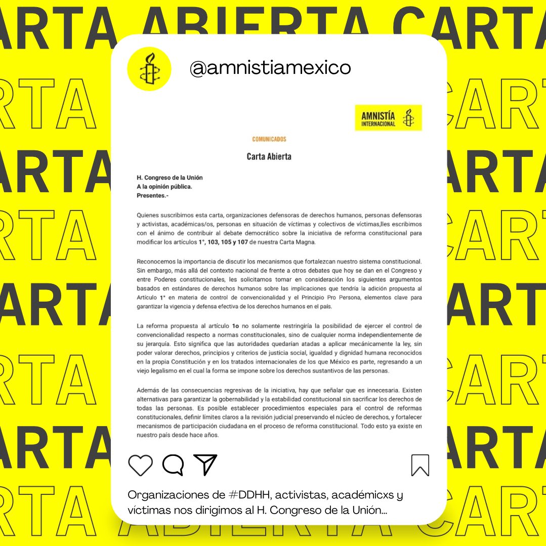 #CartaAbierta

📢 Organizaciones de #DDHH, activistas, académicxs y víctimas nos dirigimos al H. Congreso de la Unión sobre la #ReformaConstitucional que modifica los art. 1°, 103, 105 y 107. 

📄  amnistia.org.mx/contenido/inde…