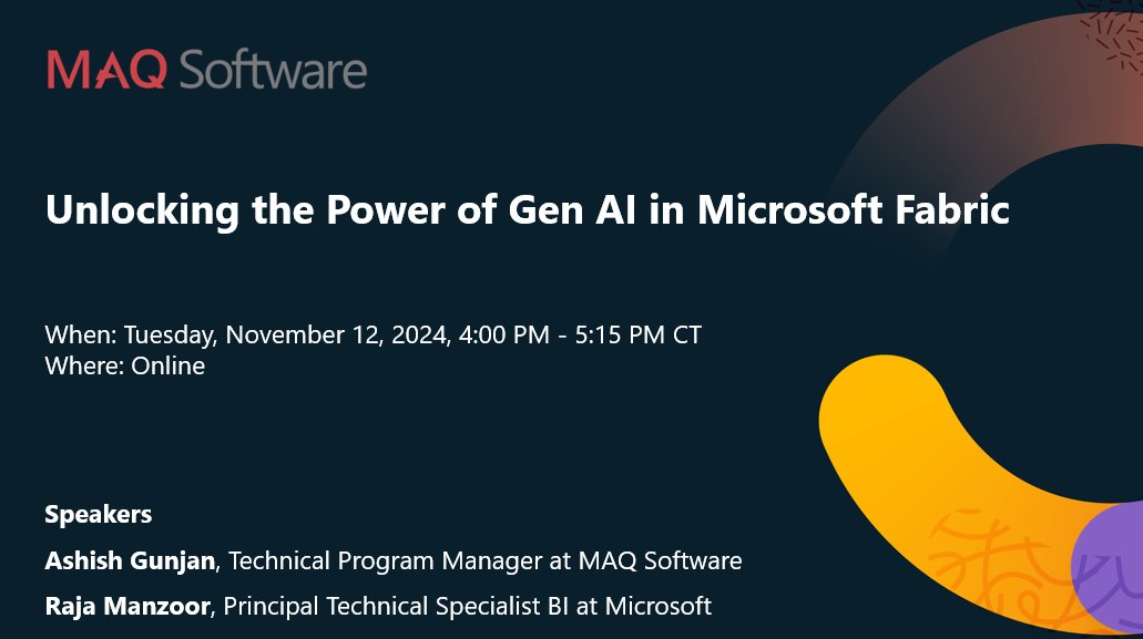 maqsoftware's tweet photo. Discover how #GenAI in #MicrosoftFabric can transform your data strategy at our webinar on November 12.

Dive into AI-powered data exploration and productivity tools that streamline processes.

Register now: https://t.co/bogPJvPnaT

#Webinar #AI https://t.co/rknvND54Nr