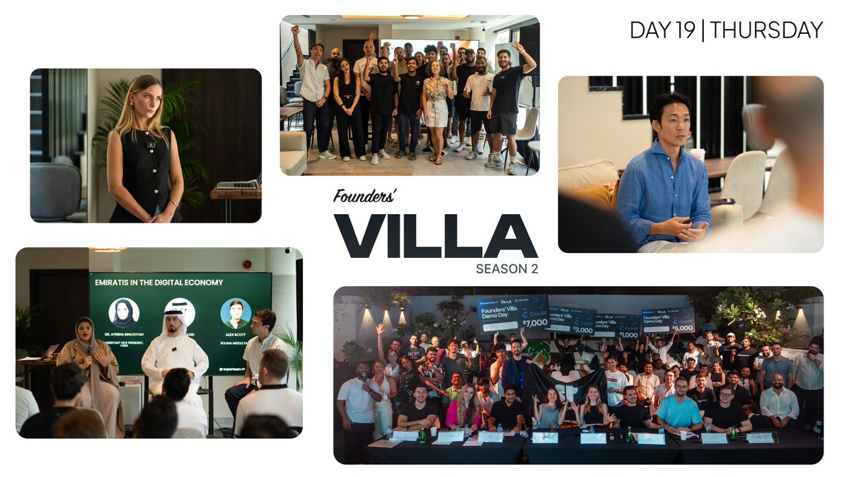 Superteam UAE (@superteamae) on Twitter photo Day 19 of Founders' Villa Season 2 is by far the biggest day of the season
4 sessions and 20 pitches for the demo day.
let me talk more about it:
- How to Launch your token and not end up in prison w/ <a href="/AllaKollet/">Alla Melnichenko</a>
- VARA roundtable w/ <a href="/VZuabi/">Vanessa Zuabi</a>
- How to work with KOLs w/ Day 19 of Founders' Villa Season 2 is by far the biggest day of the season
4 sessions and 20 pitches for the demo day.
let me talk more about it:
- How to Launch your token and not end up in prison w/ <a href="/AllaKollet/">Alla Melnichenko</a>
- VARA roundtable w/ <a href="/VZuabi/">Vanessa Zuabi</a>
- How to work with KOLs w/
