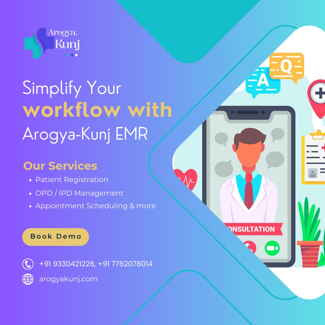 ArogyaKunj's tweet photo. "At Arogya Kunj, we're simplifying healthcare workflows by leveraging the power of our cutting-edge EMR platform. Our mission is to drive healthcare excellence digitally, helping medical professionals streamline their day-to-day tasks while providing top-notch patient care. https://t.co/NO9aNxsRha