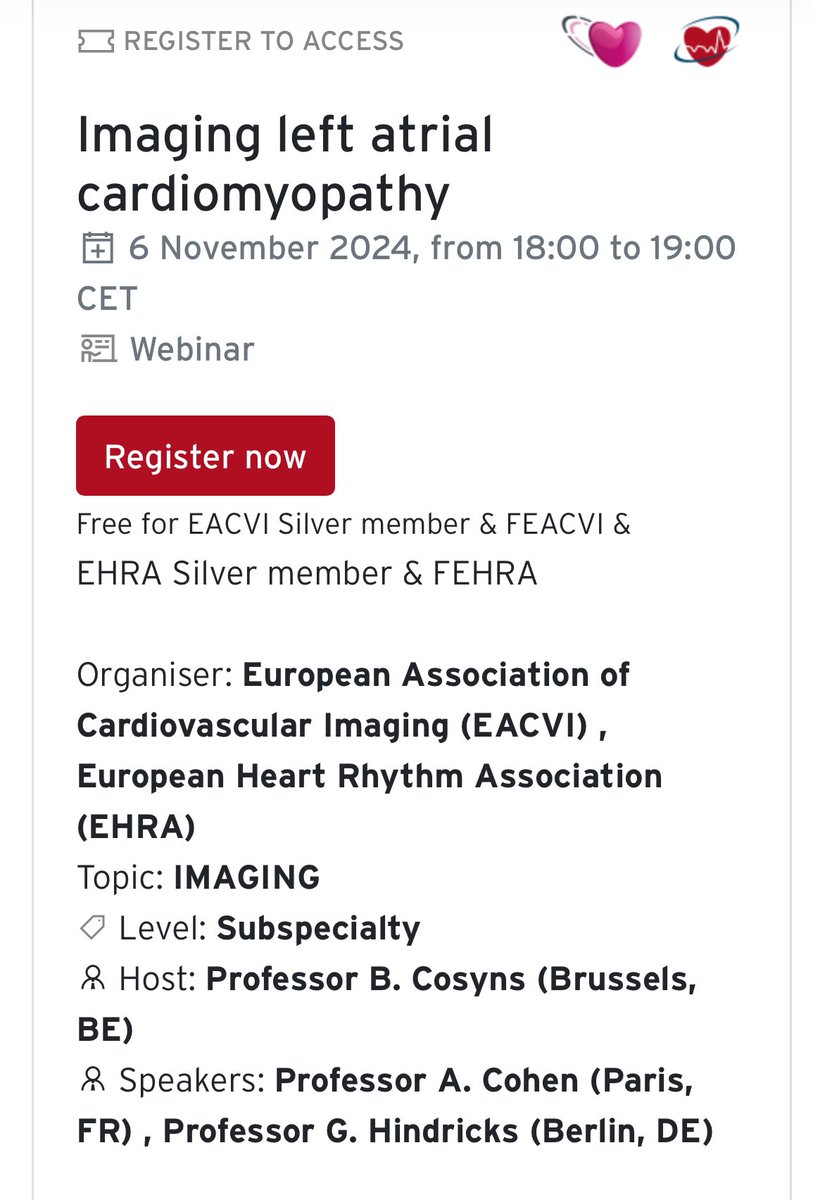 EACVI President (@eacvipresident) on Twitter photo Joint #EACVI & #EHRA Webinar: Imaging left atrial cardiomyopathy
Host: Prof <a href="/Cosyns/">Cosyns Bernard</a>
Speakers: Prof Cohen + Prof Hindricks
Learning objectives:
•histopathological, detectable, structural, and/or electrical changes of LA in LACM;
•clinical significance of LACM arising from Joint #EACVI & #EHRA Webinar: Imaging left atrial cardiomyopathy
Host: Prof <a href="/Cosyns/">Cosyns Bernard</a>
Speakers: Prof Cohen + Prof Hindricks
Learning objectives:
•histopathological, detectable, structural, and/or electrical changes of LA in LACM;
•clinical significance of LACM arising from