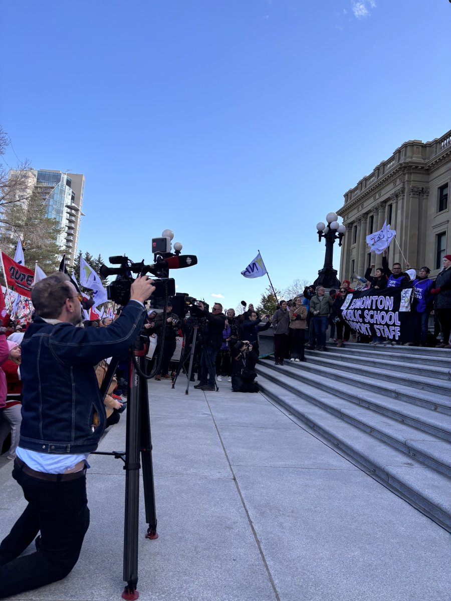 Largest labour rally in Alberta history happening now! CUPE 3550 members front and centre in resistance to the provincial government’s low wage mandates and interference in collective bargaining! #RespectWorkersAB