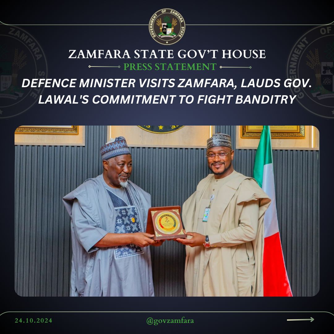 SBalaidris's tweet photo. PRESS STATEMENT

DEFENCE MINISTER VISITS ZAMFARA, LAUDS GOV. LAWAL'S COMMITMENT TO FIGHT BANDITRY

SULAIMAN BALA IDRIS
Spokesperson for the Zamfara Governor
October 24, 2024 https://t.co/m2MXzFrvDB