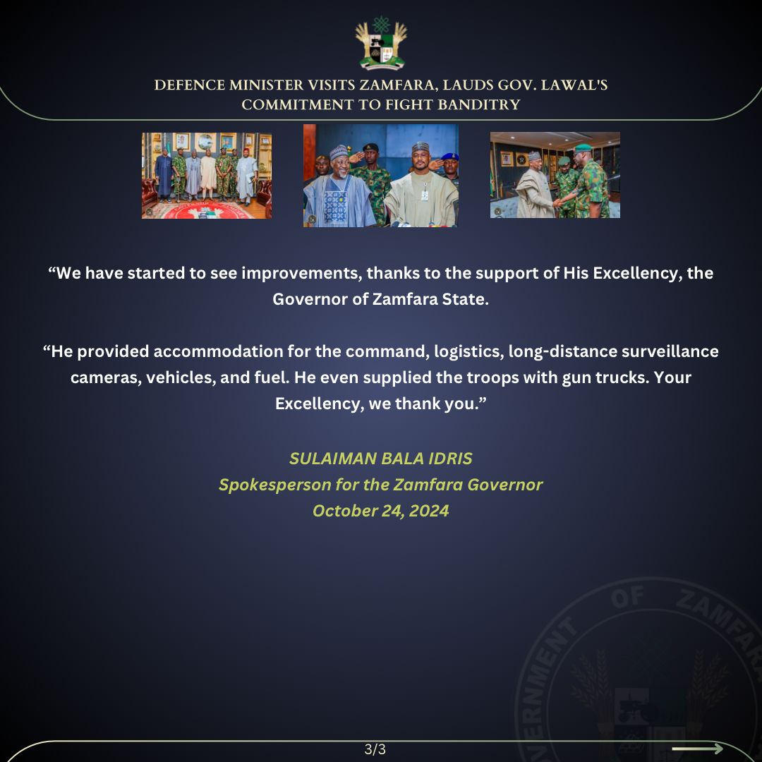 SBalaidris's tweet photo. PRESS STATEMENT

DEFENCE MINISTER VISITS ZAMFARA, LAUDS GOV. LAWAL'S COMMITMENT TO FIGHT BANDITRY

SULAIMAN BALA IDRIS
Spokesperson for the Zamfara Governor
October 24, 2024 https://t.co/m2MXzFrvDB