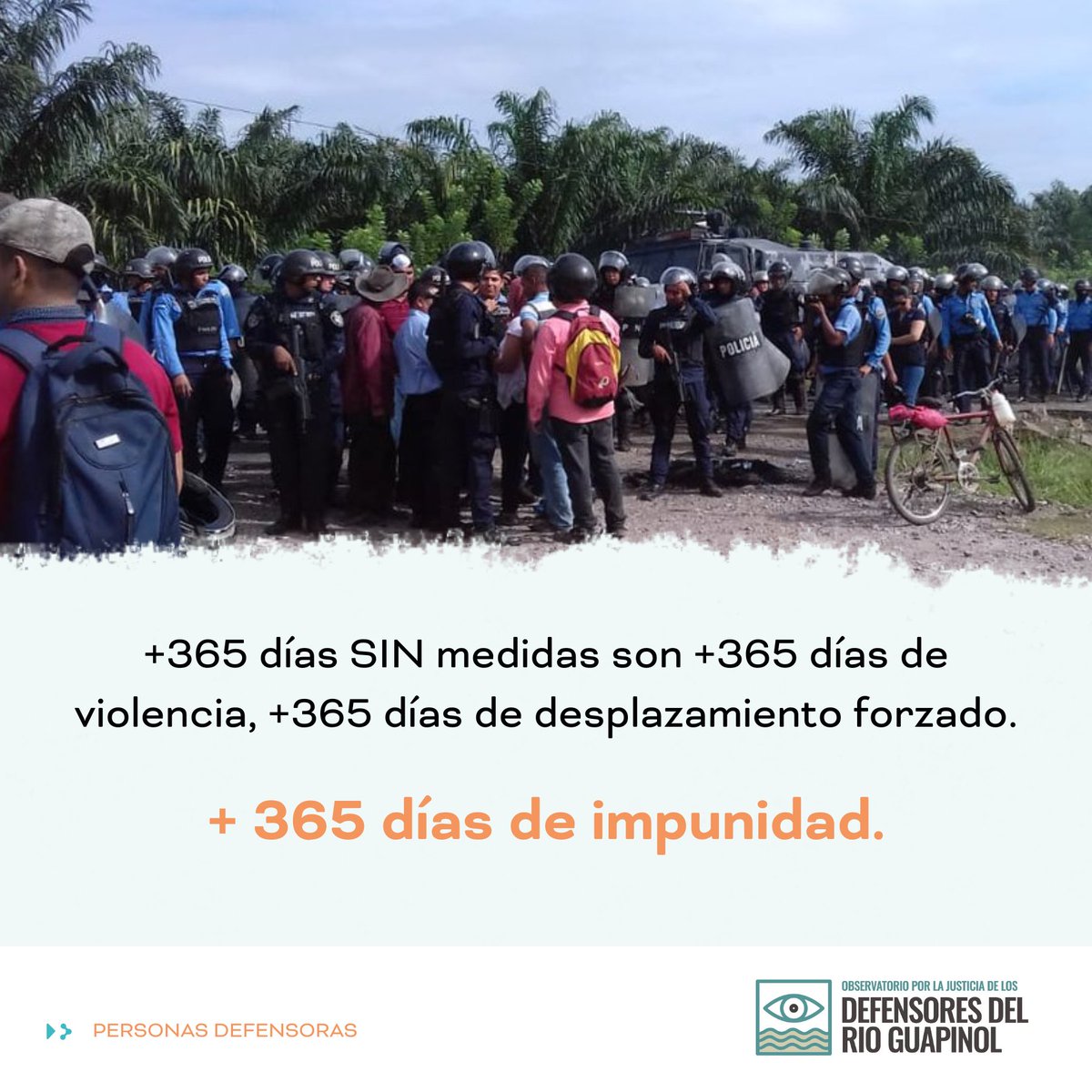 ObJusGuapinol's tweet photo. 🔴Hoy son más de 365 días sin que el Estado haya implementado medidas a cabalidad; +365 días con crímenes contra  personas defensoras de los bienes comunes, y +365 días con múltiples familias desplazadas de manera forzada por la violencia. ¡Demandamos medidas ya! https://t.co/zAGO0O823N