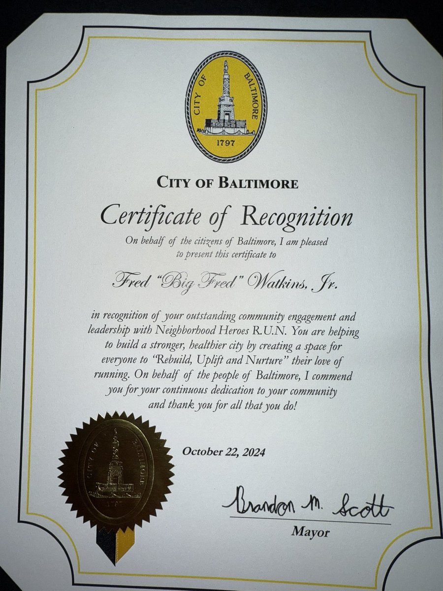 Big Fred (@bigfredcomedy) on Twitter photo Was surprised with a certificate of recognition from <a href="/MayorBMScott/">Brandon M. Scott</a> for the weekly runs we do and getting people outside overall…
This was dope, it’s appreciated Was surprised with a certificate of recognition from <a href="/MayorBMScott/">Brandon M. Scott</a> for the weekly runs we do and getting people outside overall…
This was dope, it’s appreciated