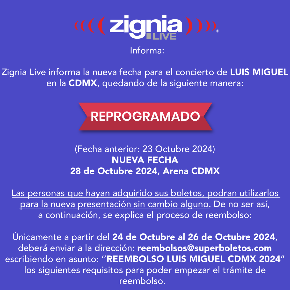 SuperboletosMx's tweet photo. 🚨 COMUNICADO 🚨

Al público en general y a los medios de comunicación, informamos sobre el concierto de Luis Miguel en la #ArenaCDMX del 23 de Octubre para su nueva fecha el 28 de Octubre.

Conoce más detalles a continuación👇🏻 https://t.co/O00qqDBpd3