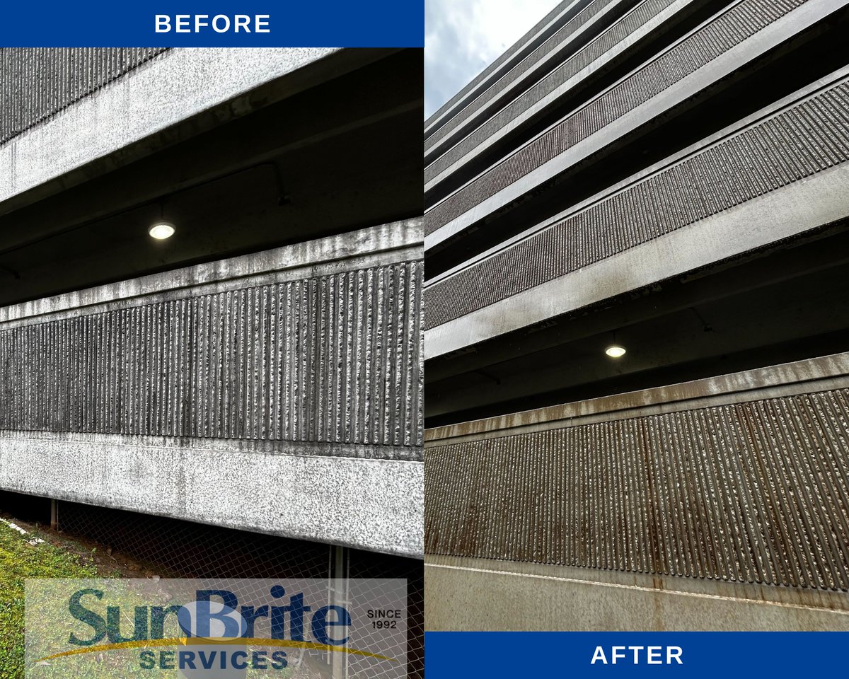 SunBriteClean's tweet photo. Check out the amazing difference cleaning made for this outside wall of a parking garage at a local hospital! 🏥✨ A cleaner space means a brighter, more welcoming environment!

#ParkingGarageCleaning #CommercialCleaning #BeforeAndAfter #PressureWashing #SunBriteServices https://t.co/moh1YXqiNm