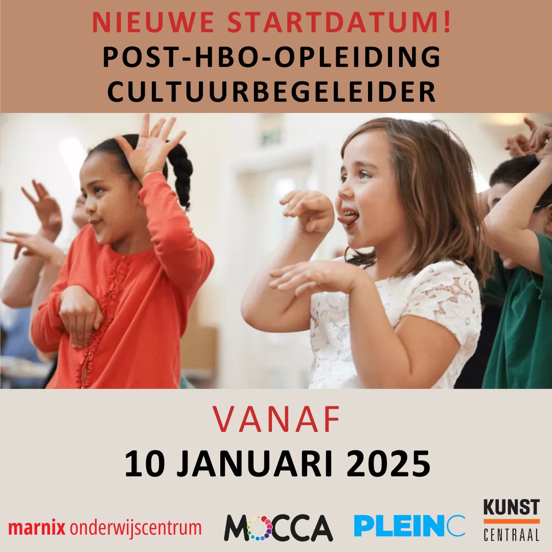 Nieuwe startdatum post-hbo-opleiding Cultuurbegeleider: 10 januari. 

Coaching, veranderstrategieën en procesgerichte didactiek voor cultuurvakken. Versterk het onderwijs met cultuureducatie!  

Schrijf je nu in: marnixonderwijscentrum.nl/opleidingen/cu….

#cultuureducatie #moccaamsterdam