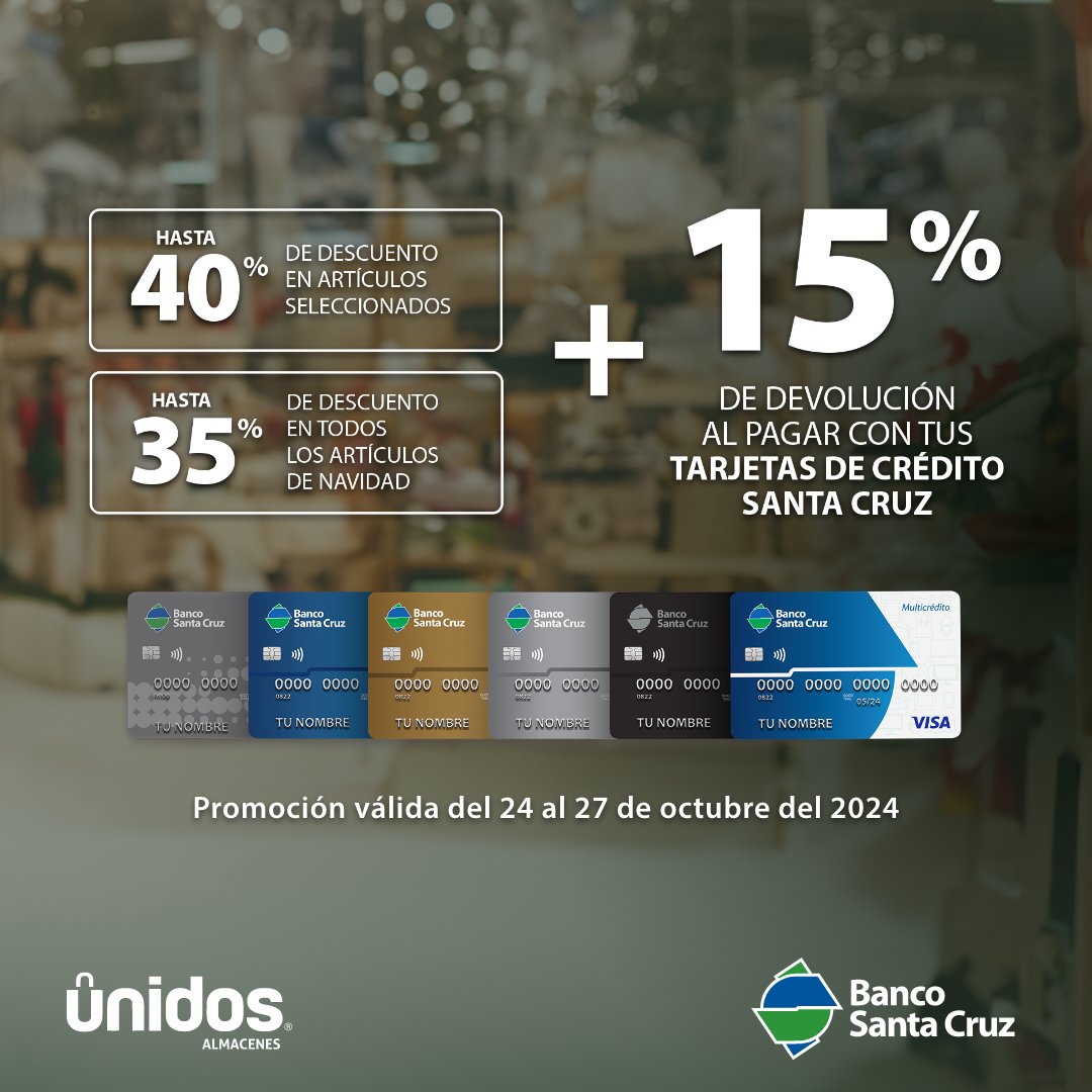 BSC_RD's tweet photo. ¡Ahorrar es más fácil! 🛍️

Recibe hasta un 40% de descuento en artículos seleccionados y hasta un 35% de descuento en todos los artículos de Navidad 🎄➕ 15% de devolución al pagar con tus Tarjetas de Crédito Santa Cruz 💳 en @aunidosrd.

📌 Promoción válida del 24 al 27 de octubre 2024.
📌 Mínimo de consumo RD$3,000.
📌 Tope de devolución por cliente RD$6,000. El mismo será reflejado 20 días laborables después de finalizada la promoción.
📌 No aplican Tarjetas de Débito, Crédito Empresarial ni Bravo Santa Cruz.
📌 Devolución es por cliente, por el periodo de la promoción.

#BancoSantaCruzRD