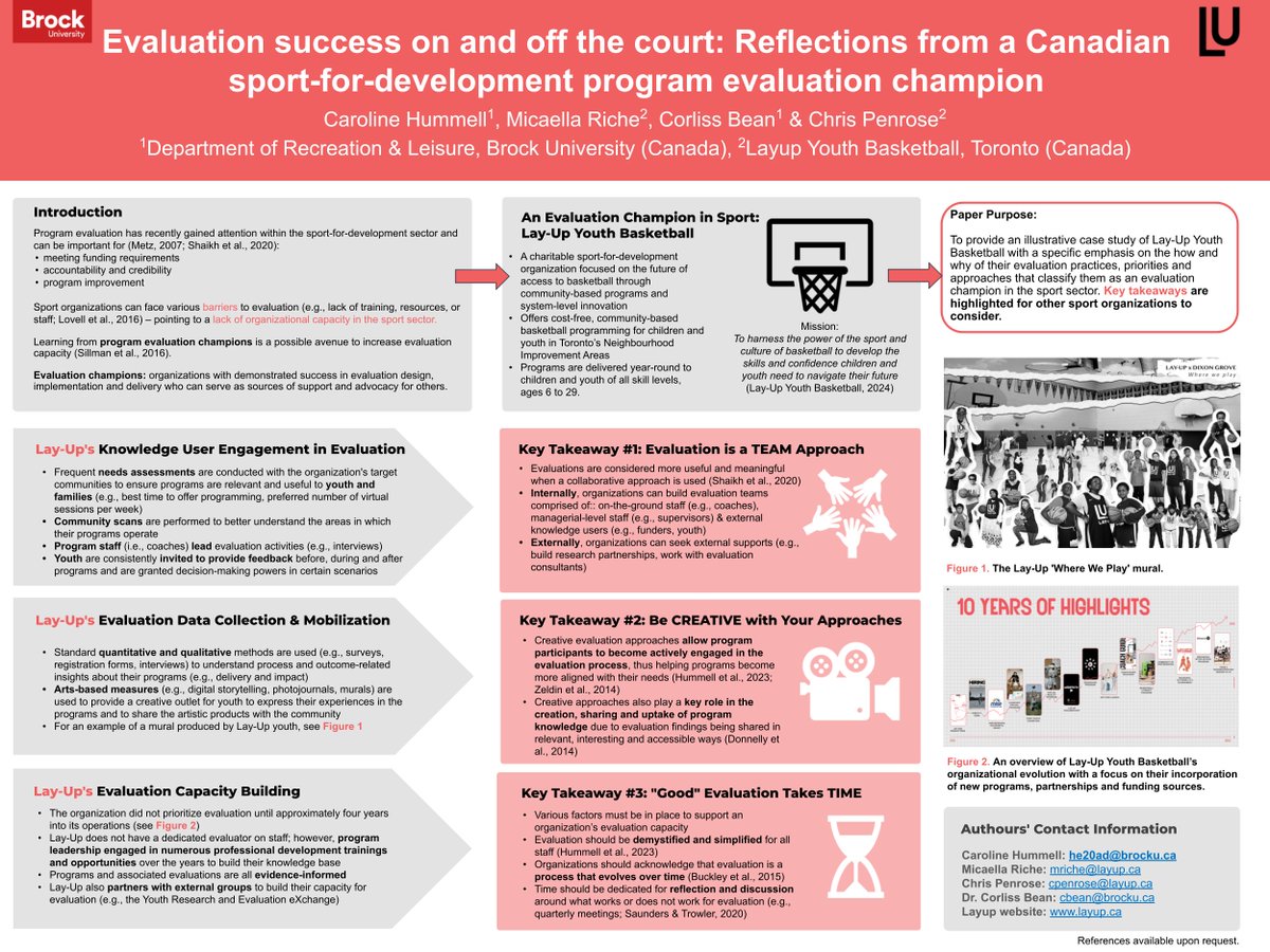 LayUpYouthBasketball (@layupbasketball) on Twitter photo In collaboration with researchers from <a href="/BrockCHYDS/">Centre for Healthy Youth Development through Sport</a>, we shared findings from a paper profiling our organization's evaluation practices and priorities at <a href="/_SCAPPS/">SCAPPS</a> conference 2024. Key takeaways were shared to help increase evaluation capacity internally and externally in sport. In collaboration with researchers from <a href="/BrockCHYDS/">Centre for Healthy Youth Development through Sport</a>, we shared findings from a paper profiling our organization's evaluation practices and priorities at <a href="/_SCAPPS/">SCAPPS</a> conference 2024. Key takeaways were shared to help increase evaluation capacity internally and externally in sport.
